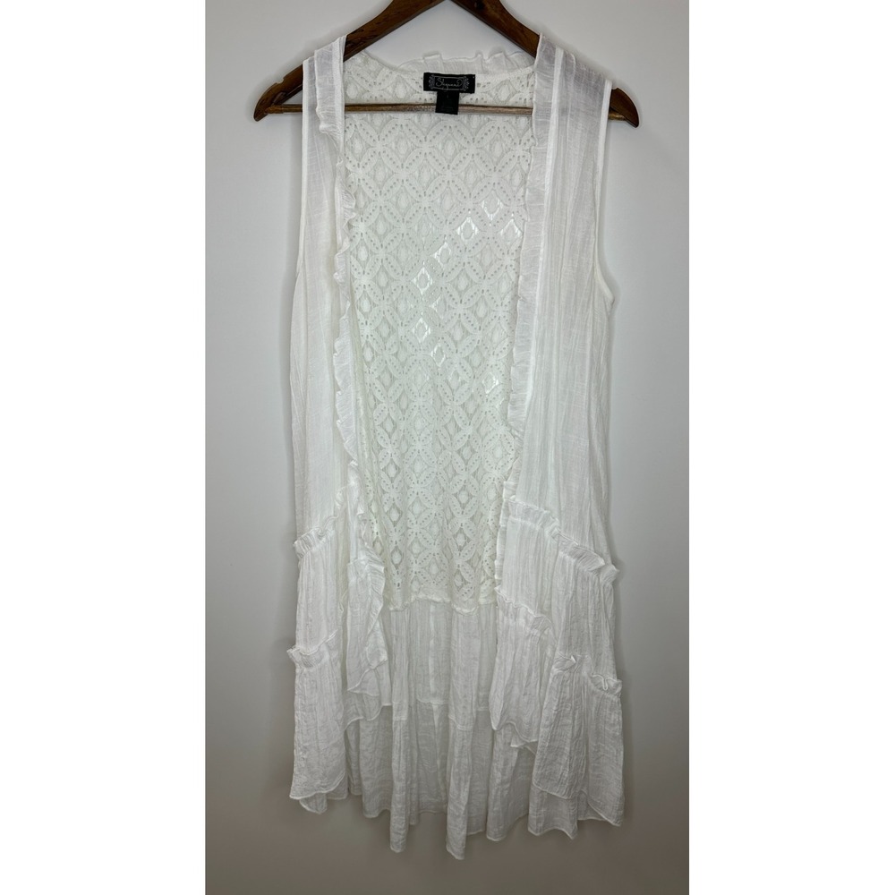 Shyanne White Open Front Tiered Ruffled Lace Duster Vest Large Country Boho - Picture 5 of 12